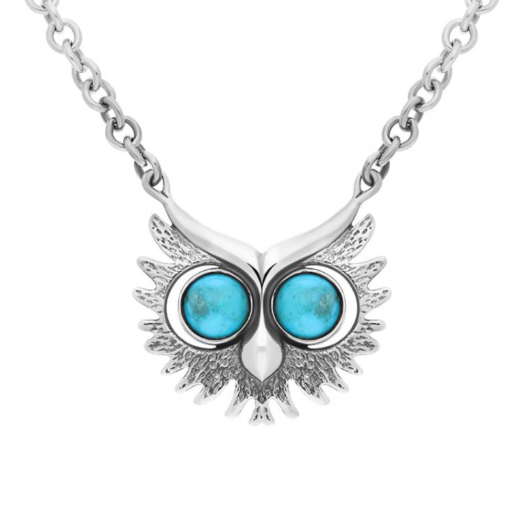 Sterling Silver Turquoise Owls Face Necklace - Silver