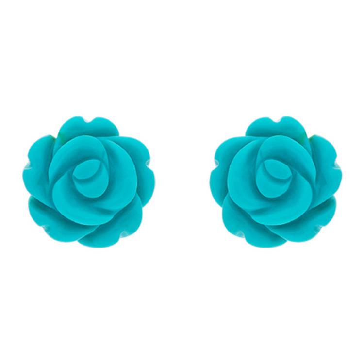 Sterling Silver Turquoise Tuberose 8mm Rose Stud Earrings - Silver