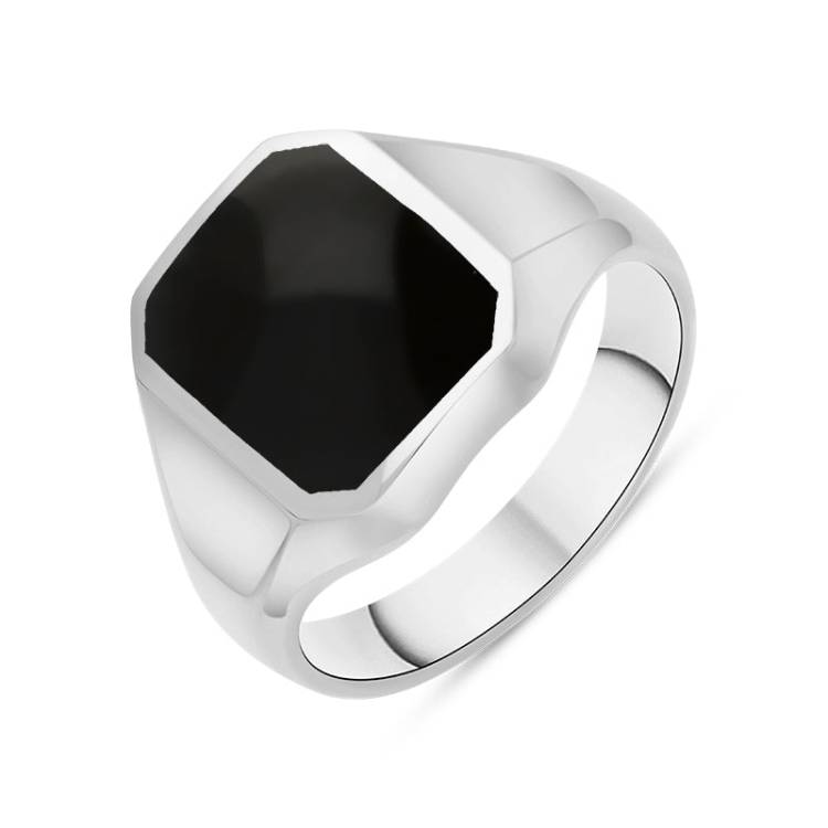 Sterling Silver Whitby Jet Cut Corner Signet Ring - Silver
