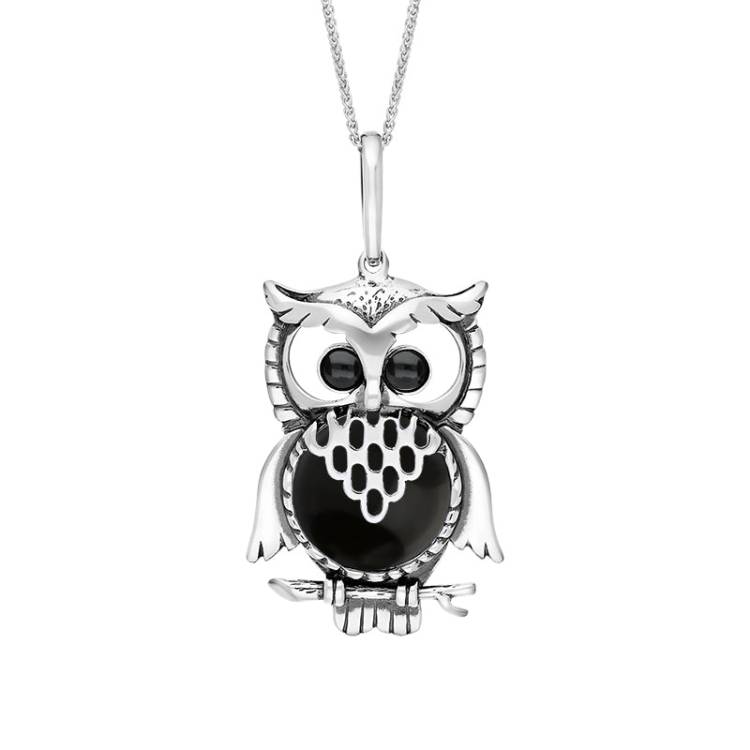 Sterling Silver Whitby Jet Large Owl Necklace - Silver