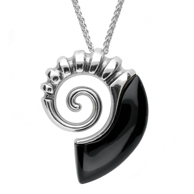 Sterling Silver Whitby Jet Large Shell Necklace - Silver