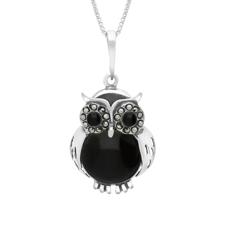 Sterling Silver Whitby Jet Marcasite Medium Owl Necklace - Silver