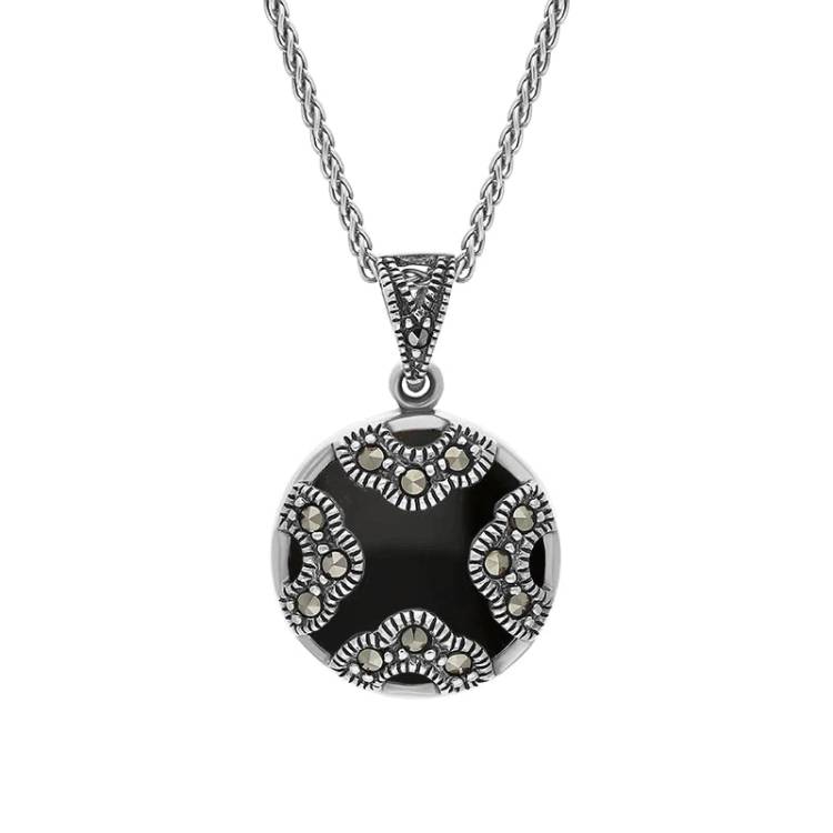 Sterling Silver Whitby Jet Marcasite Rounded Arc Necklace - Silver