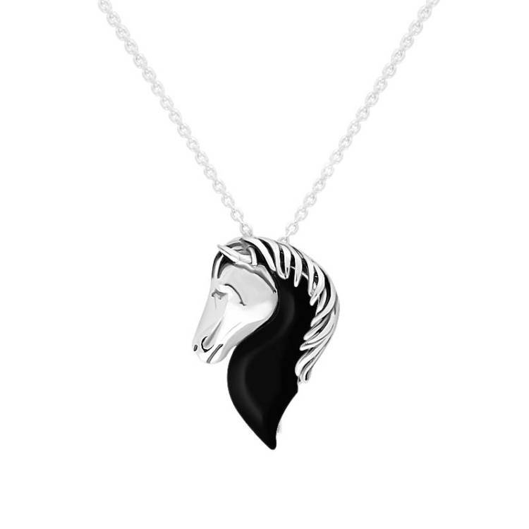 Sterling Silver Whitby Jet Medium Horse Head Necklace - Option1 Value Silver