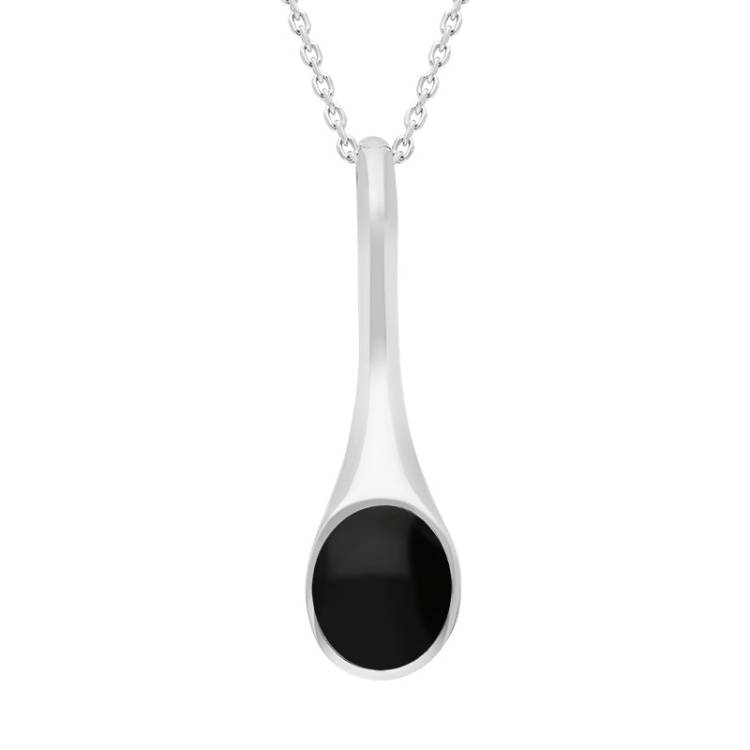 Sterling Silver Whitby Jet Oval Long Drop Necklace - Silver