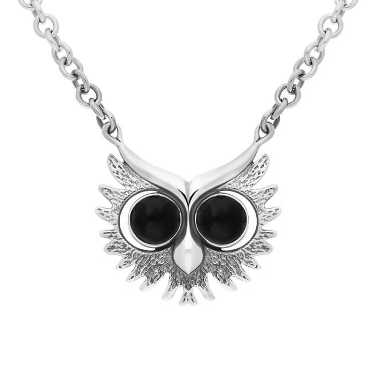 Sterling Silver Whitby Jet Owls Face Necklace - Silver