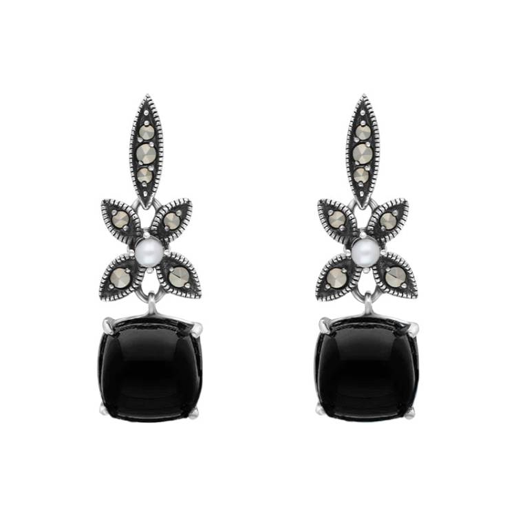 Sterling Silver Whitby Jet Pearl Marcasite Flower Drop Earrings - Silver