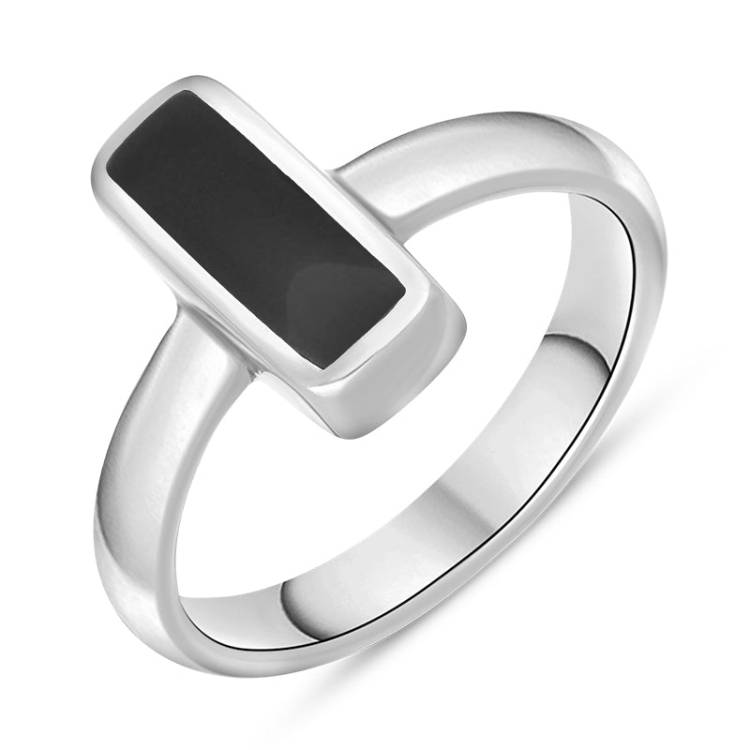 Sterling Silver Whitby Jet Slim Oblong Ring - Silver