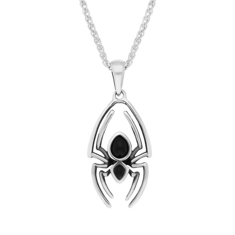 Sterling Silver Whitby Jet Spider Necklace - Silver