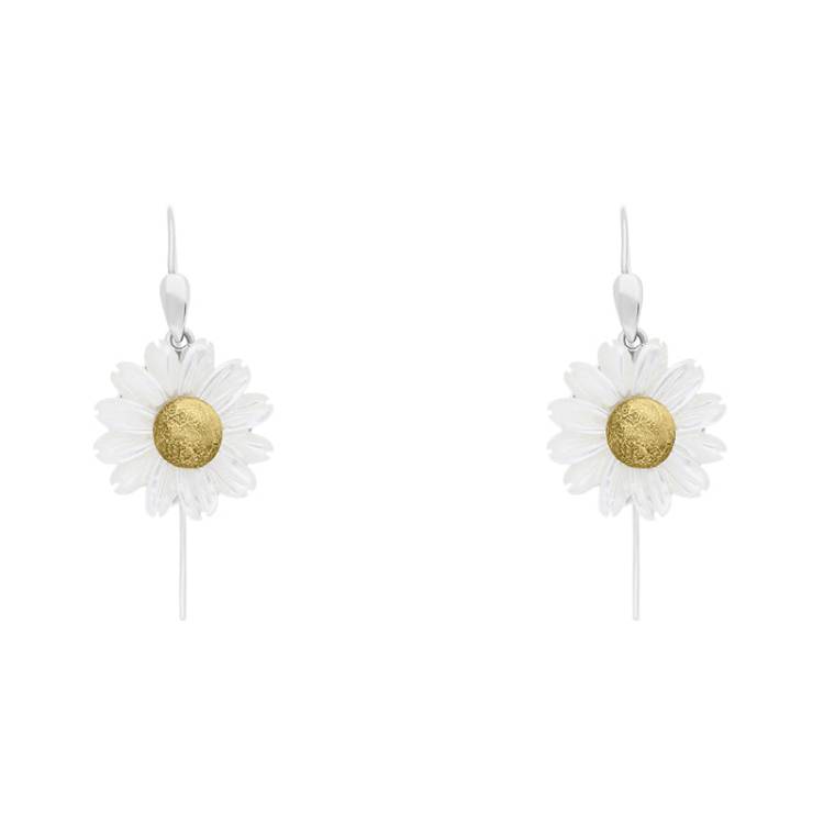 Sterling Silver Yellow Gold White Mother Of Pearl Tuberose 21mm Daisy Earrings - Option1 Value Yellow Gold