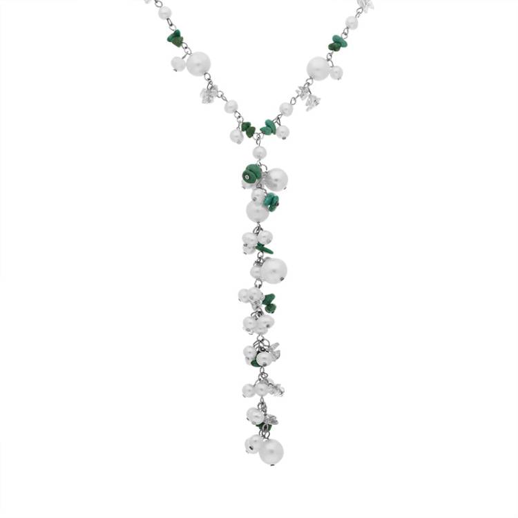 Sterling Silver Freshwater Pearl Turquoise Bead Drop Necklace D - Silver