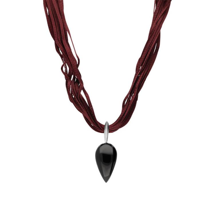 Sterling Silver Whitby Jet Burgundy Silk Pear Shape Necklace D - Silver