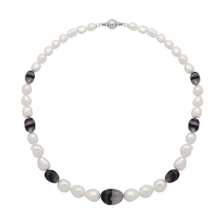 Sterling Silver Blue John Pearl Magnetic Ball Clasp Necklace D - Silver