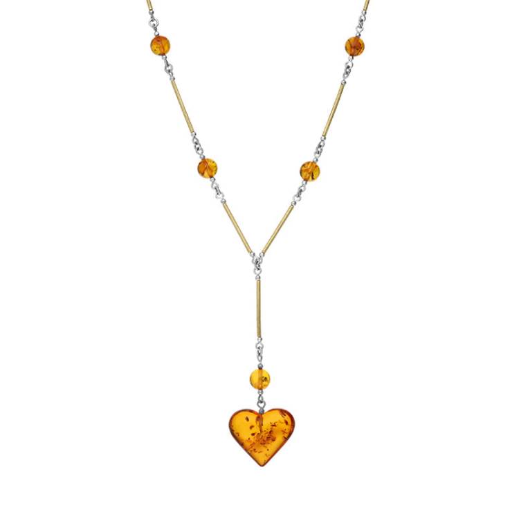 Sterling Silver Gold Plated Amber Bar Beaded Heart Necklace D - Silver