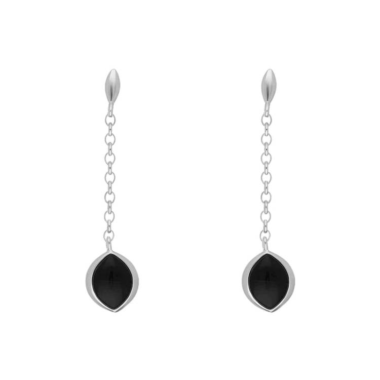Sterling Silver Whitby Jet Marquise Chain Drop Earrings - Silver