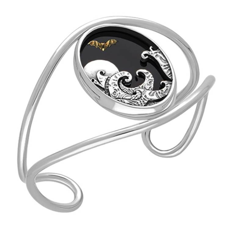 Sterling Silver 9ct Yellow Gold Whitby Jet Moon Wave Bat Cuff Bangle - Silver