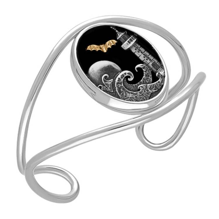 Sterling Silver 9ct Yellow Gold Whitby Jet Whitby Lighthouse and Bat Cuff Bangle - Silver