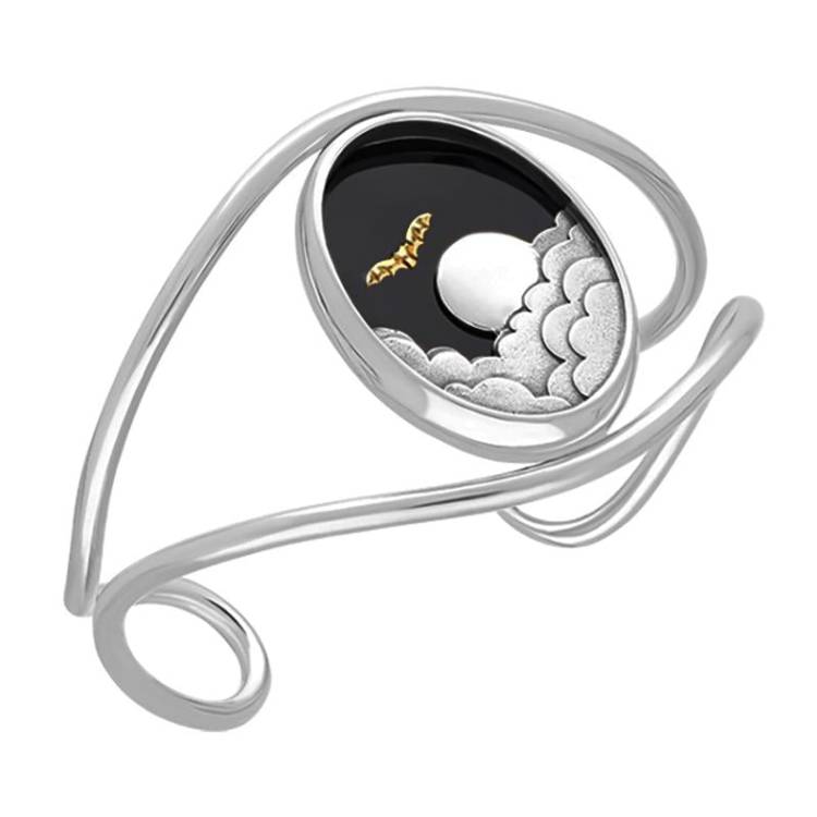 Sterling Silver 9ct Yellow Gold Whitby Jet Moon Cloud Bat Cuff Bangle - Silver