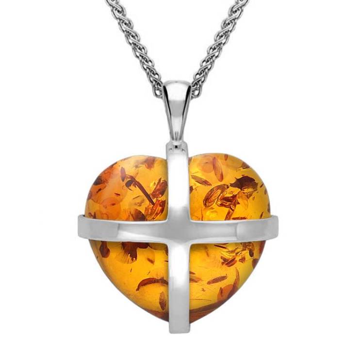 Sterling Silver Amber Medium Cross Heart Necklace - Option1 Value Silver