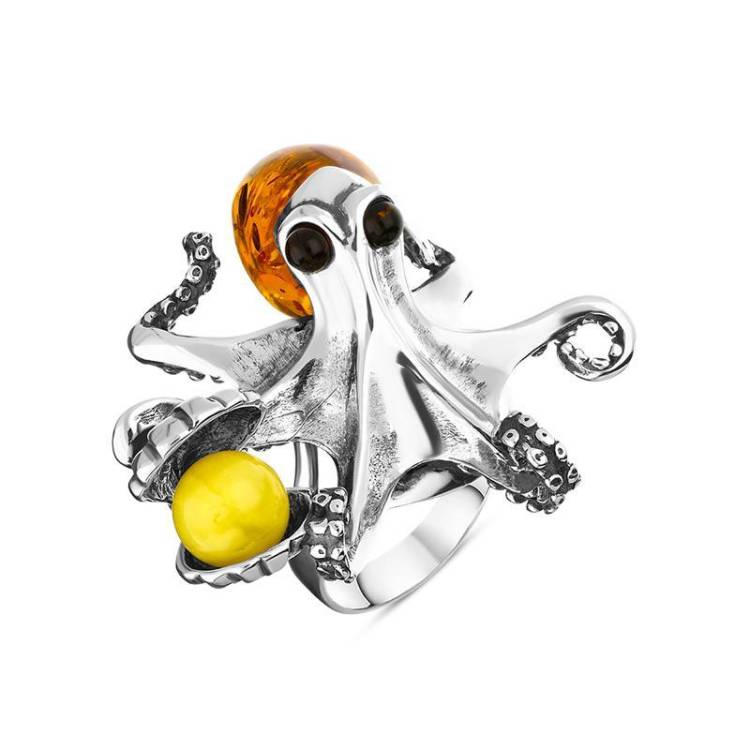 Sterling Silver Amber Octopus Ring - Silver