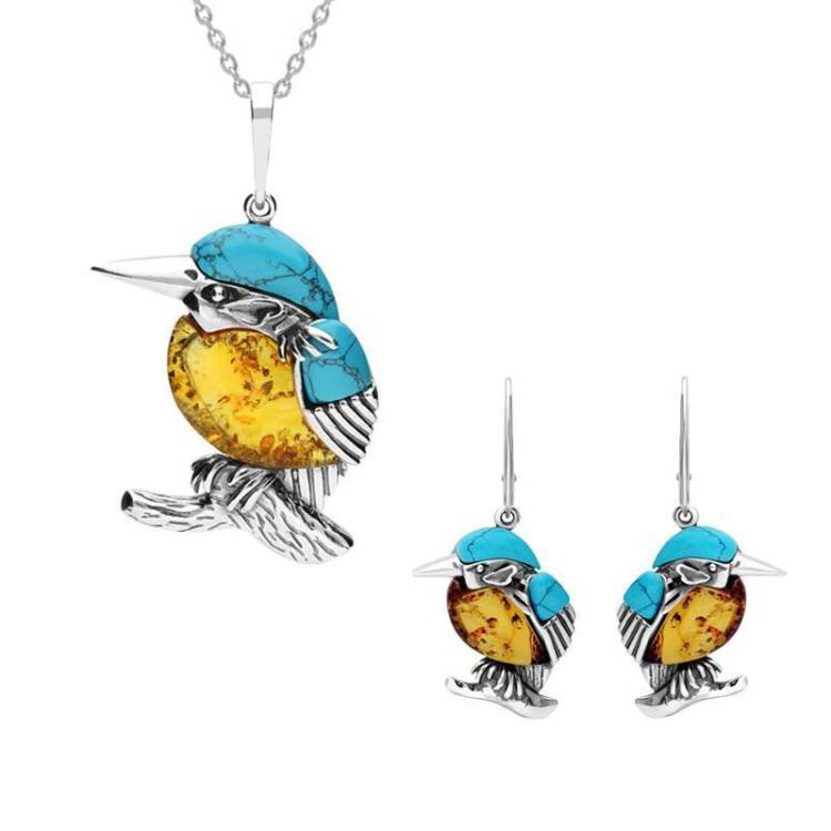 Sterling Silver Amber Turquoise Kingfisher Two Piece Set