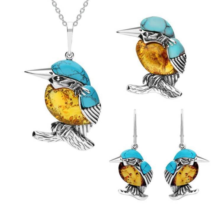Sterling Silver Amber Turquoise Kingfisher Three Piece Set