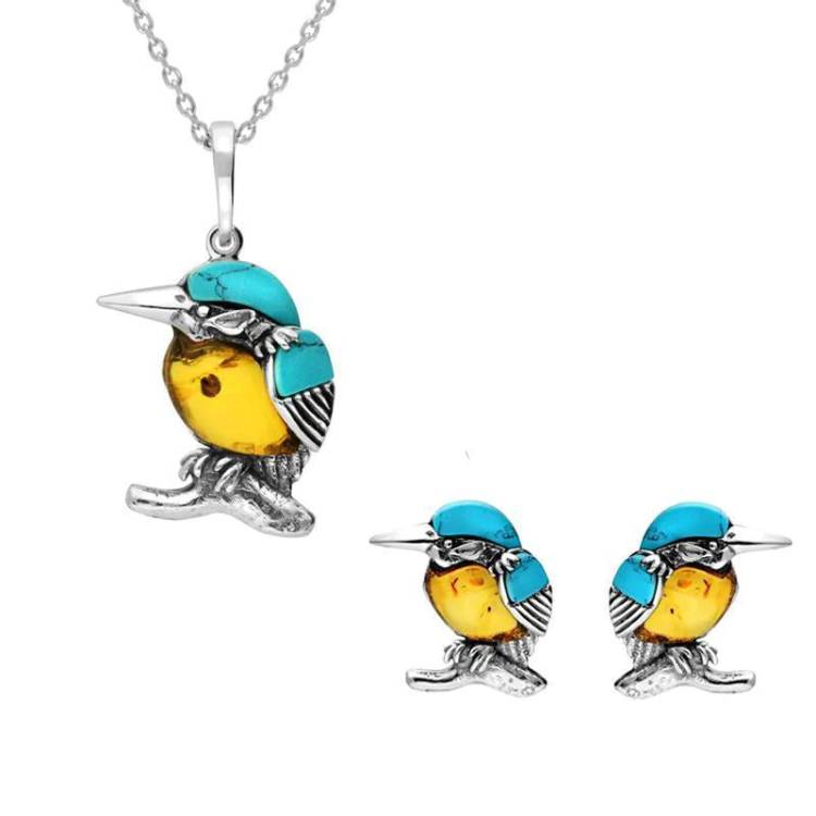 Sterling Silver Amber Turquoise Small Kingfisher Two Piece Set