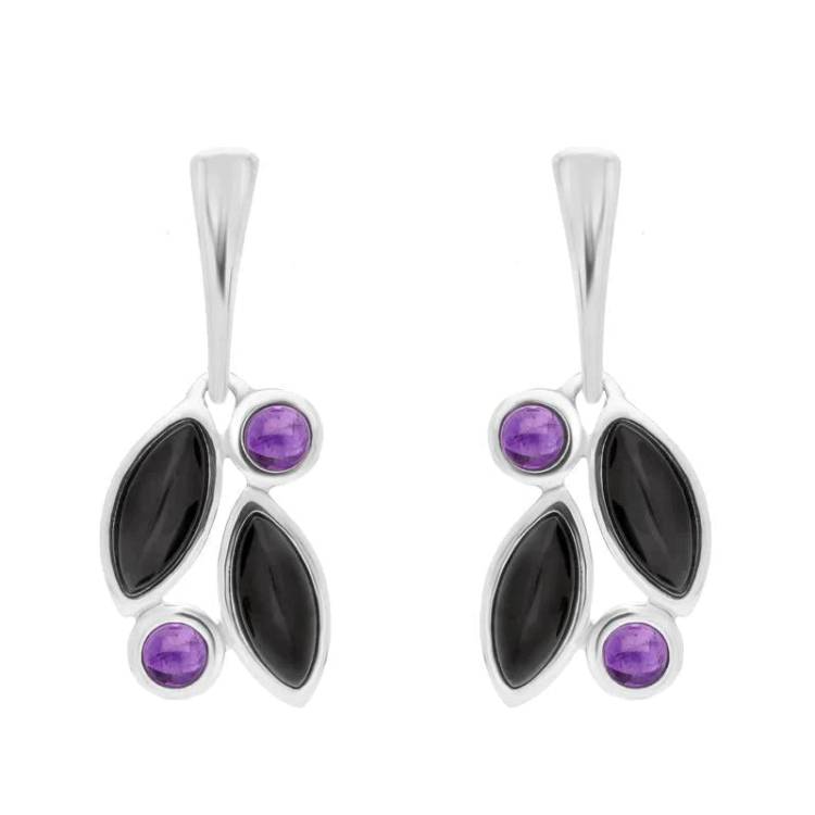Sterling Silver Amethyst Whitby Jet Drop Stud Earrings - Silver