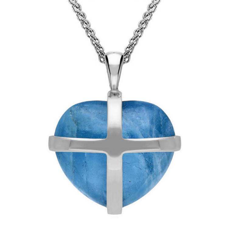 Sterling Silver Aquamarine Medium Cross Heart Necklace