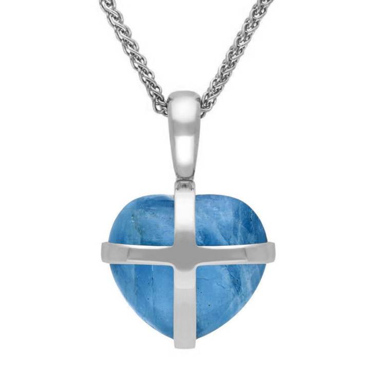 Sterling Silver Aquamarine Small Cross Heart Necklace
