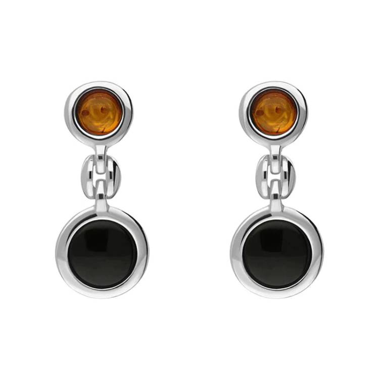 Sterling Silver Baltic Amber Whitby Jet Graduated Drop Earrings - Option1 Value Silver