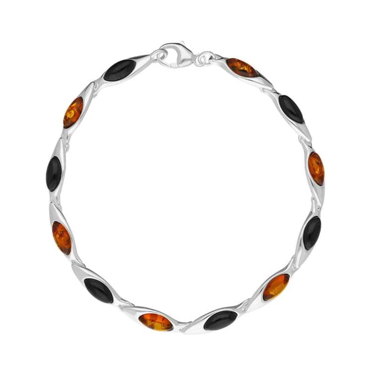 Sterling Silver Baltic Amber Whitby Jet Marquise Link Bracelet - Silver