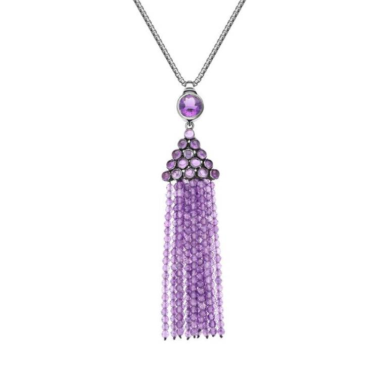 Sterling Silver Black Rhodium Amethyst Round Cascade Tassel Necklace D - Option1 Value