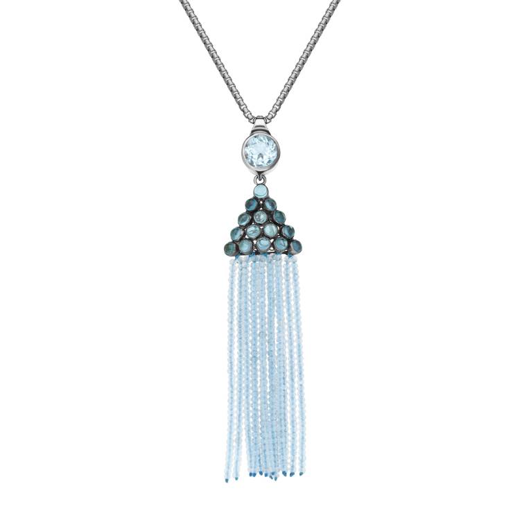 Sterling Silver Black Rhodium Blue Topaz Round Cascade Tassel Necklace D - Option1 Value