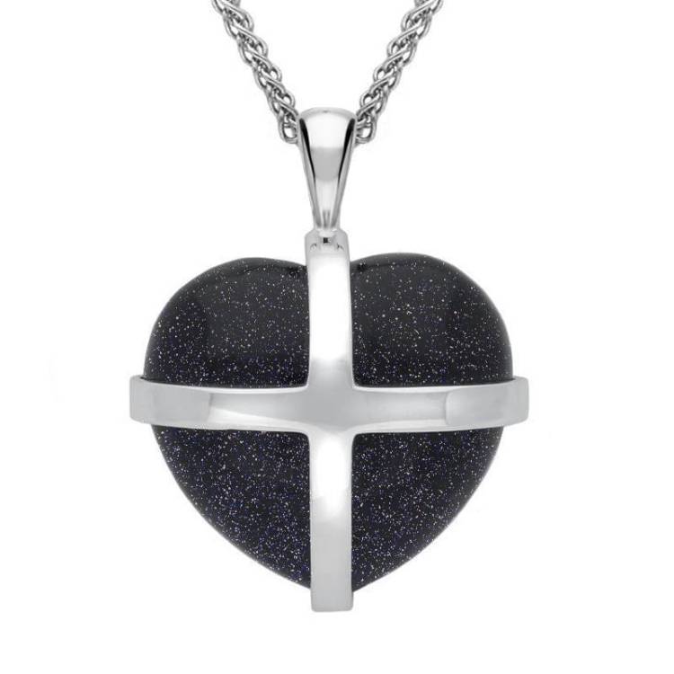 Sterling Silver Blue Goldstone Large Cross Heart Necklace - Silver