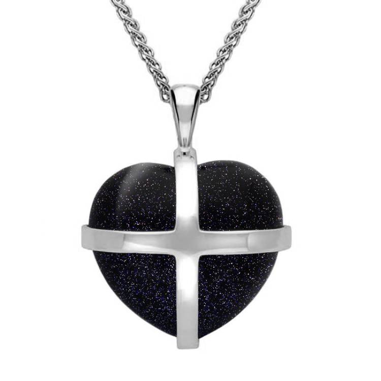 Sterling Silver Blue Goldstone Medium Cross Heart Necklace - Silver