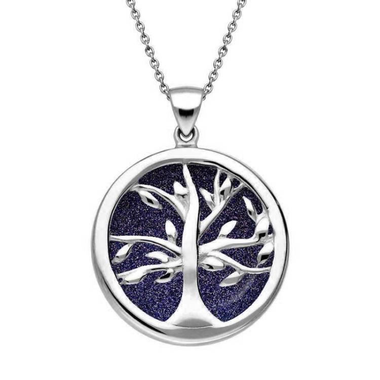 Sterling Silver Blue Goldstone Medium Round Tree of Life Necklace