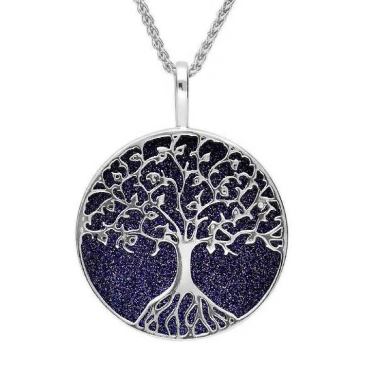 Sterling Silver Blue Goldstone Round Tree Of Life Necklace