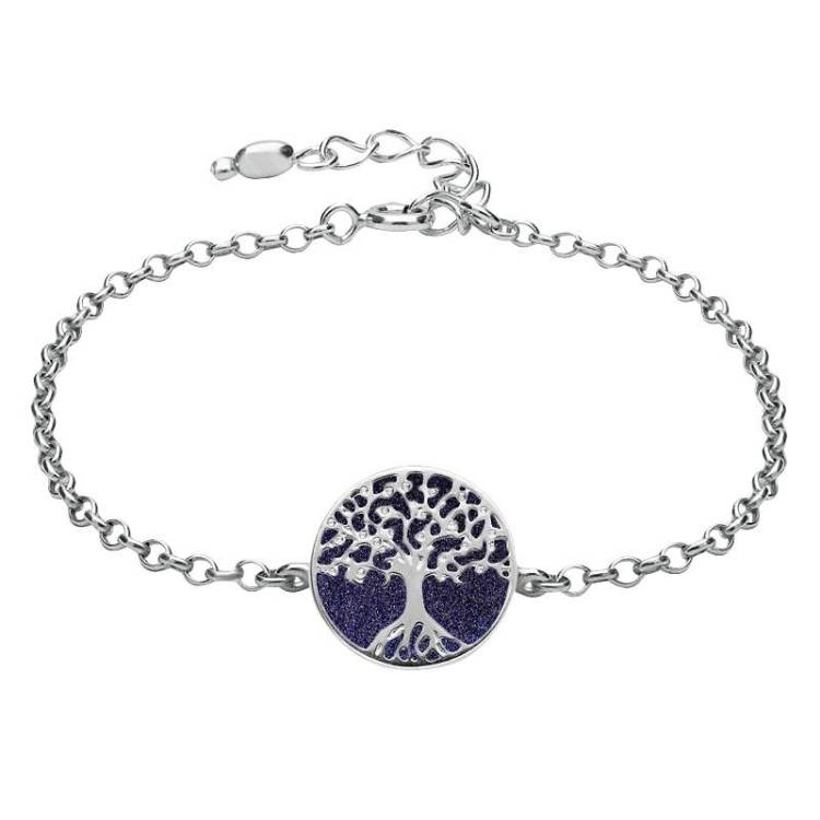 Sterling Silver Blue Goldstone Round Tree of Life Chain Bracelet