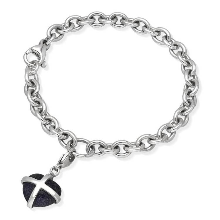 Sterling Silver Blue Goldstone Small Cross Heart Charm Bracelet D - Option1 Value Silver