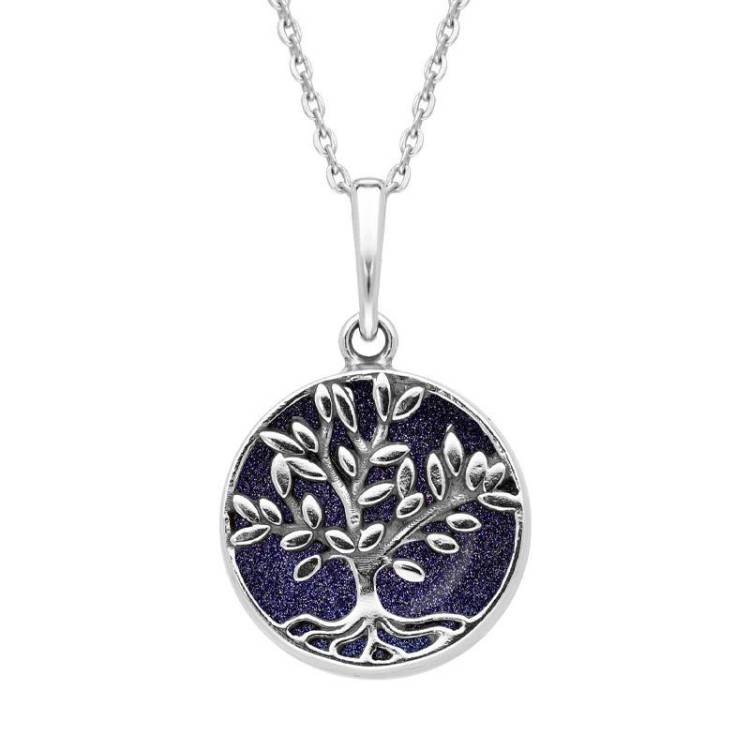 Sterling Silver Blue Goldstone Small Round Large Leaves Tree of Life Necklace