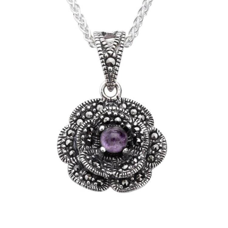 Sterling Silver Blue John Marcasite Flower Pendant Necklace - Silver