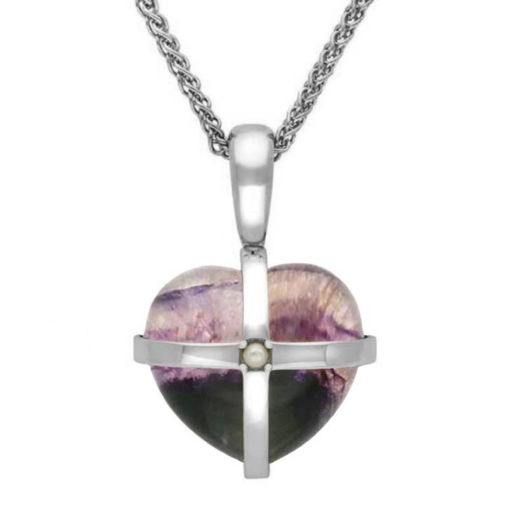 Sterling Silver Blue John One Pearl Small Cross Heart Necklace - Option1 Value Silver