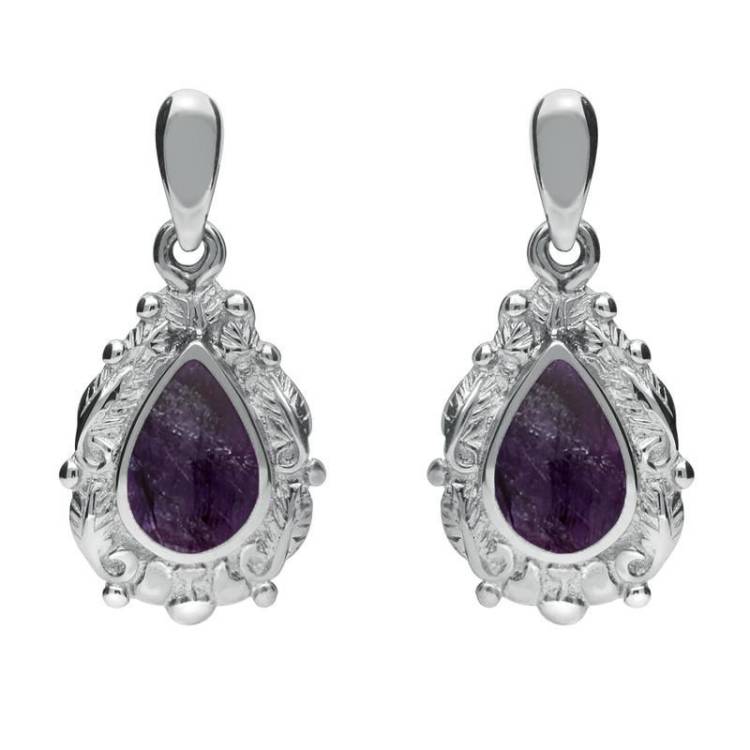 Sterling Silver Blue John Pear Shaped Leaf Drop Earrings - Silver