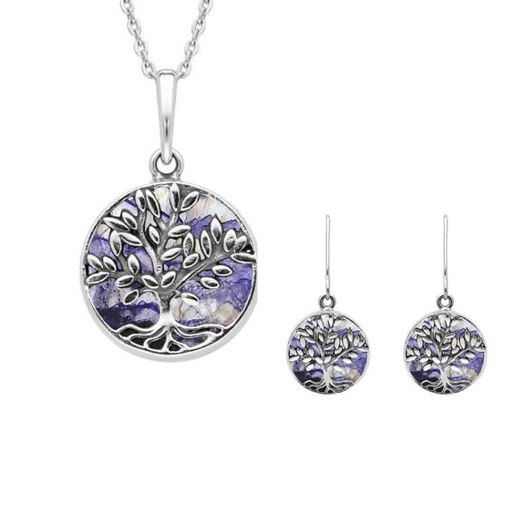 Sterling Silver Blue John Round Large Leaves Tree of Life Two Piece Set