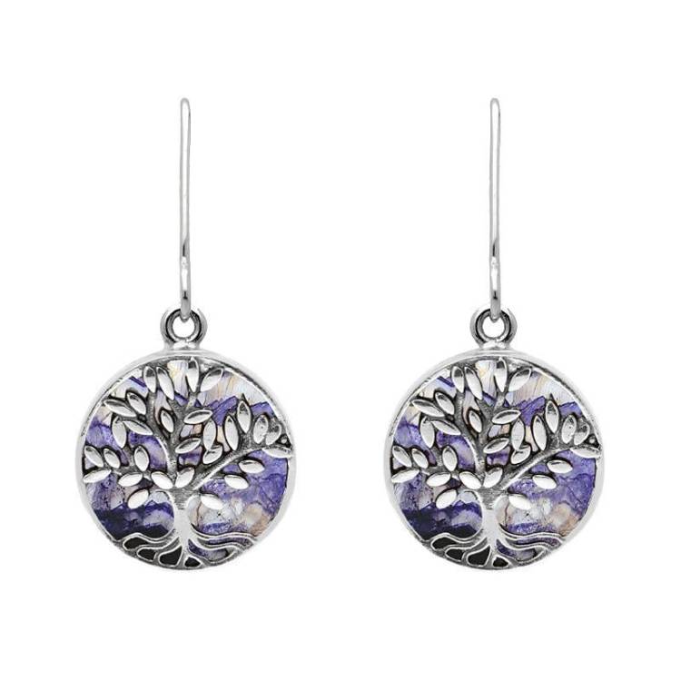 Sterling Silver Blue John Round Large Tree of Life Leaves Drop Earrings