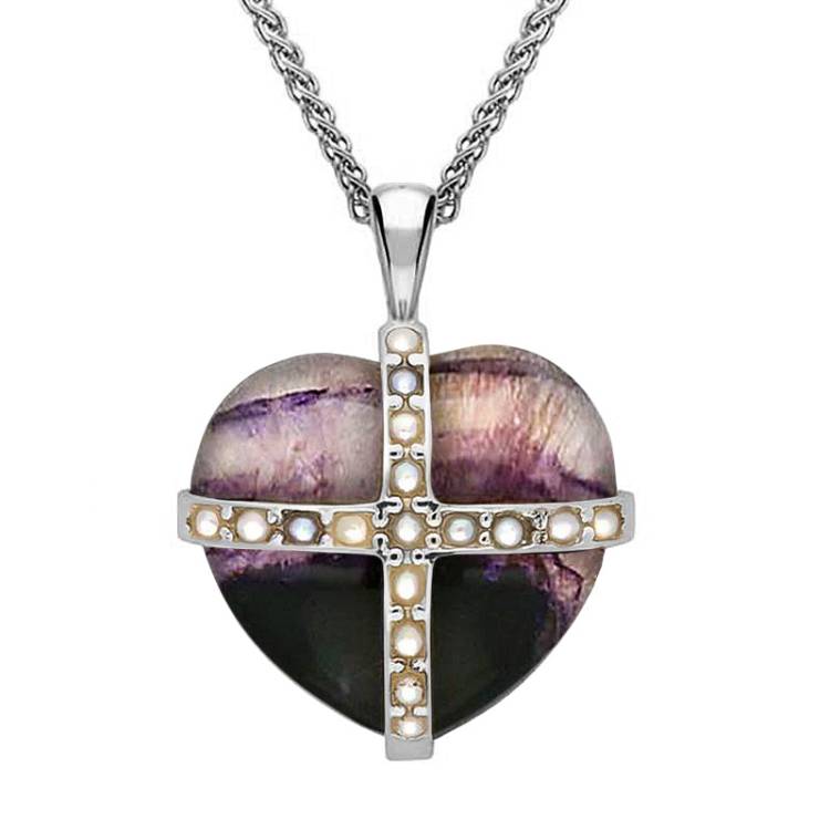 Sterling Silver Blue John Seventeen Pearl Medium Cross Heart Necklace - Gold