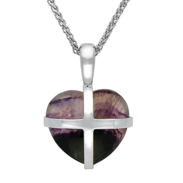 Sterling Silver Blue John Small Cross Heart Necklace - Silver
