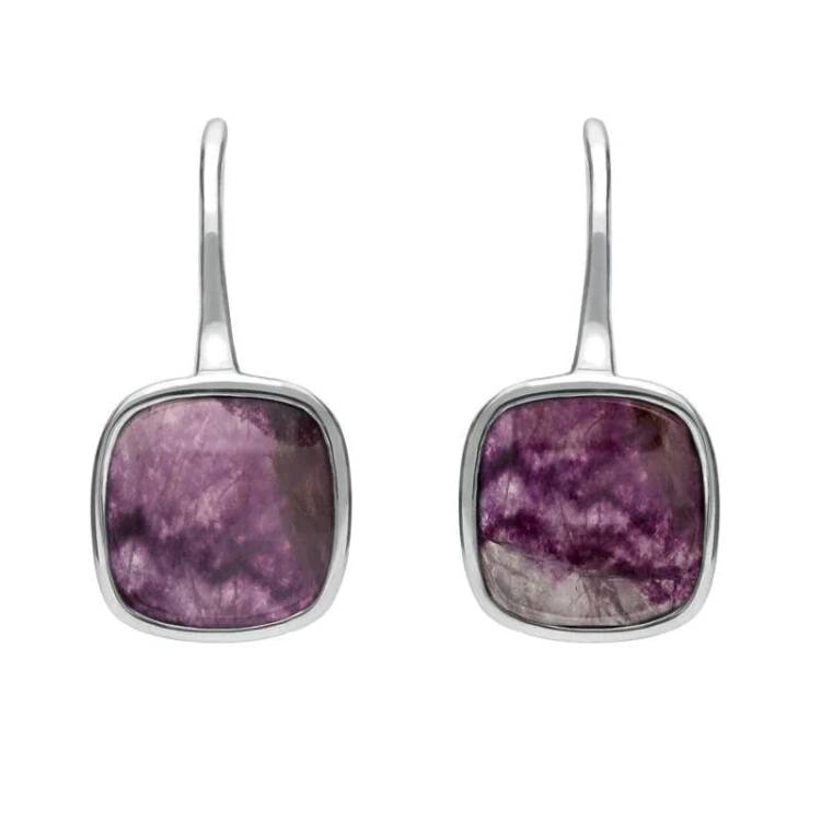 Sterling Silver Blue John Stone Cushion Drop Earrings - Silver