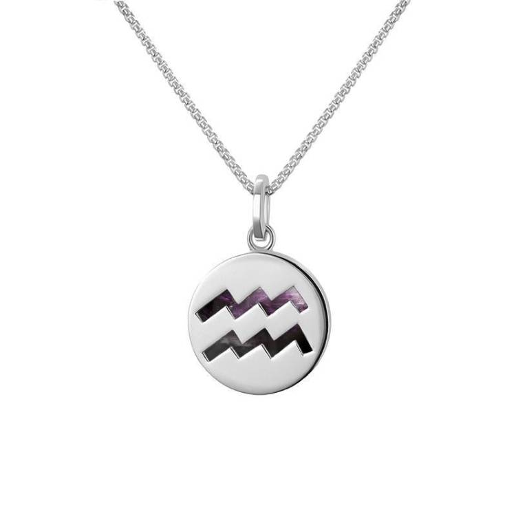 Sterling Silver Blue John Zodiac Aquarius Round Necklace - Silver